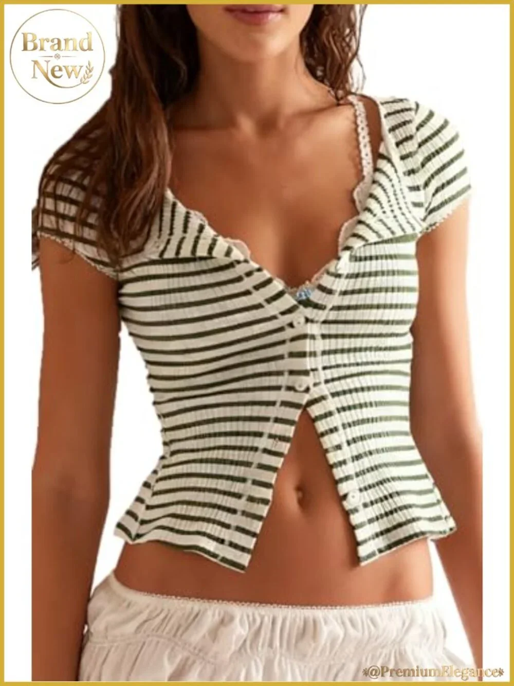 Striped Ribbed Cotton Cardigan Button Front Y2K Cap Sleeve Going Out Top